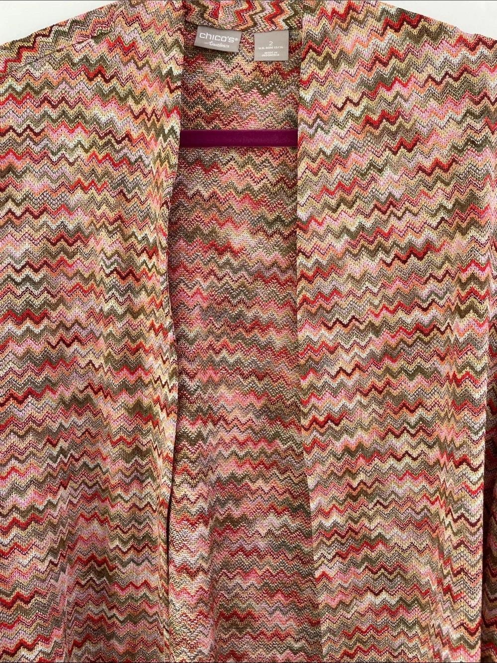 Chicos Travelers Wavy Chevron Open Front Cardigan in Coral & Olive 12/14